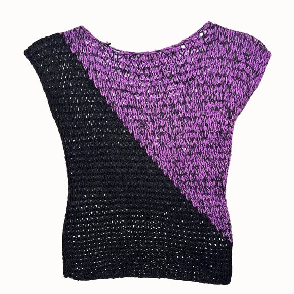 Vintage Black & Purple Knit Cap Sleeve Sweater Top W/ Embroidered Floral Design - Picture 3 of 6